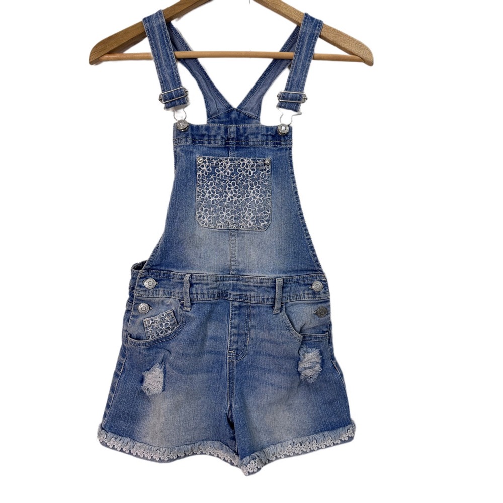 Y2K Jordache Girls Denim Overalls Shorts Size L (10-12) Embroidered Distressed
